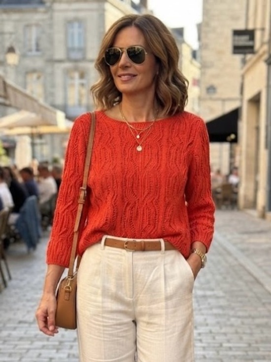 Tradition Sweaters - Tradition Tomato Red Orange Knit Openwork Boatneck Sweater Boho Casual Chic